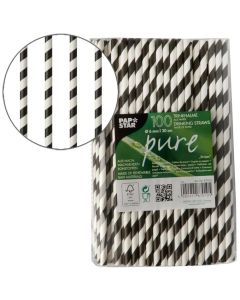 Pailles en papier - 200 mm - Noir/Blanc : PAP STAR Pure Stripes Lot de 100 Visuel