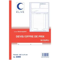 DEVIS  OFFRES DE PRIX : Manifolds autocopiants Dupli - 297 x 210 mm 2300 ELVE